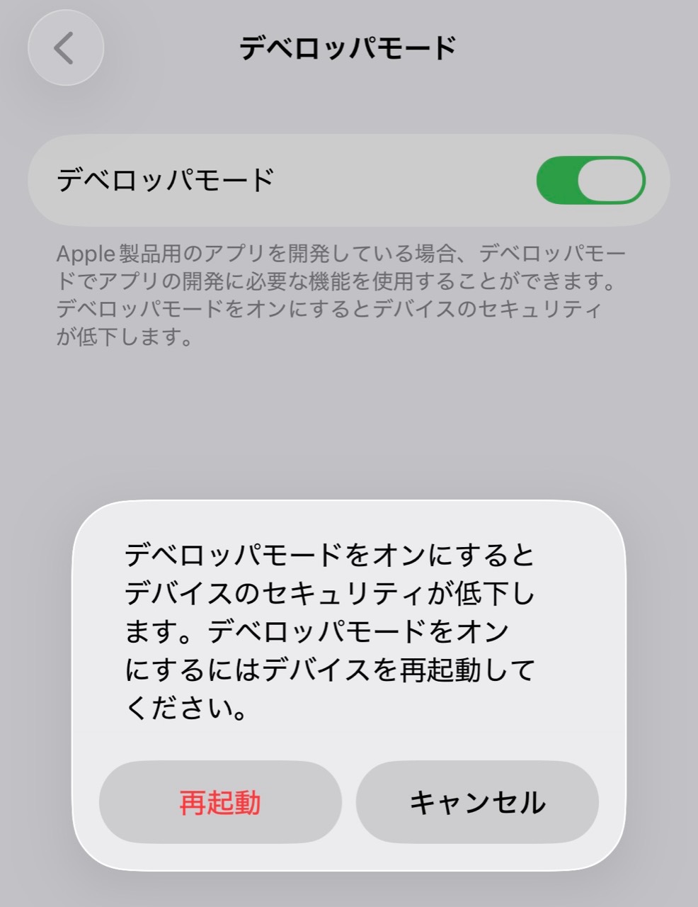 デベロッパモードを有効にするための再起動確認